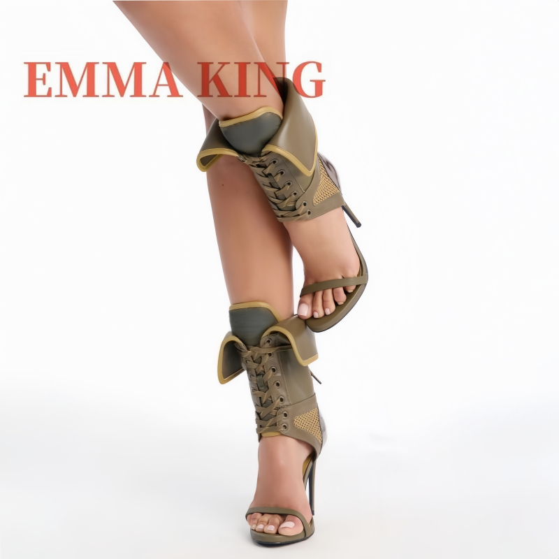 Women Shoes Boots - グリーンフォールドオーバーアンクルハイサンダル、女性用カットアウトメッシュスティレットヒール、レースアップオープントゥストラップブーツサンダル、ファッションデザイナーシューズ
