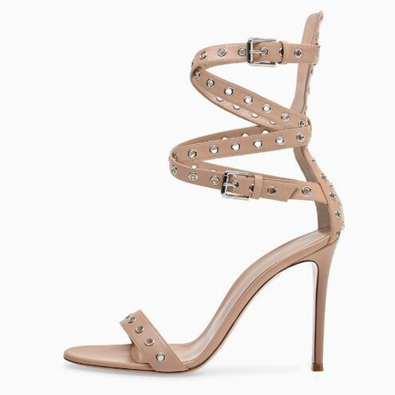 Women Shoes Boots - アプリコットゴールドスライバーレザーアイレットメタルバックルハイヒールサンダルラウンドオープントゥクロスストラップシンヒールサンダルブーツ女性用シューズ