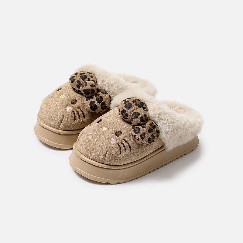 Women'S Shoes Y2K - Y2K レオパード柄ボウハローキティプラットフォームスリッパ レディース ファー付きフリース裏地付き暖かい冬用ルームシューズ 可愛い3D漫画キティフェイスプラッシュ