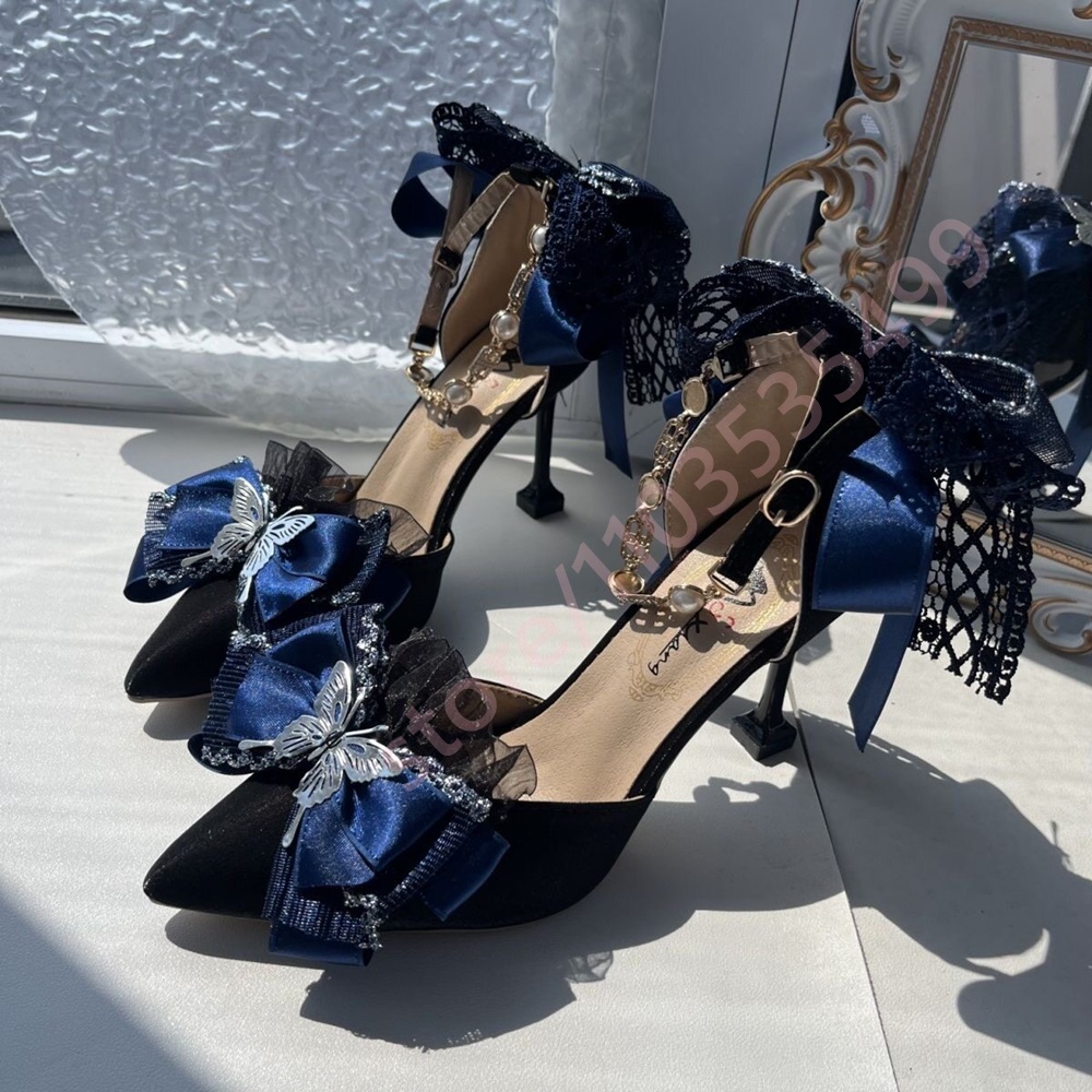 Women'S Shoes Navy Blue - 2026年新作 サテン ポインテッドトゥ ヒール ネイビーブルー レースリボン