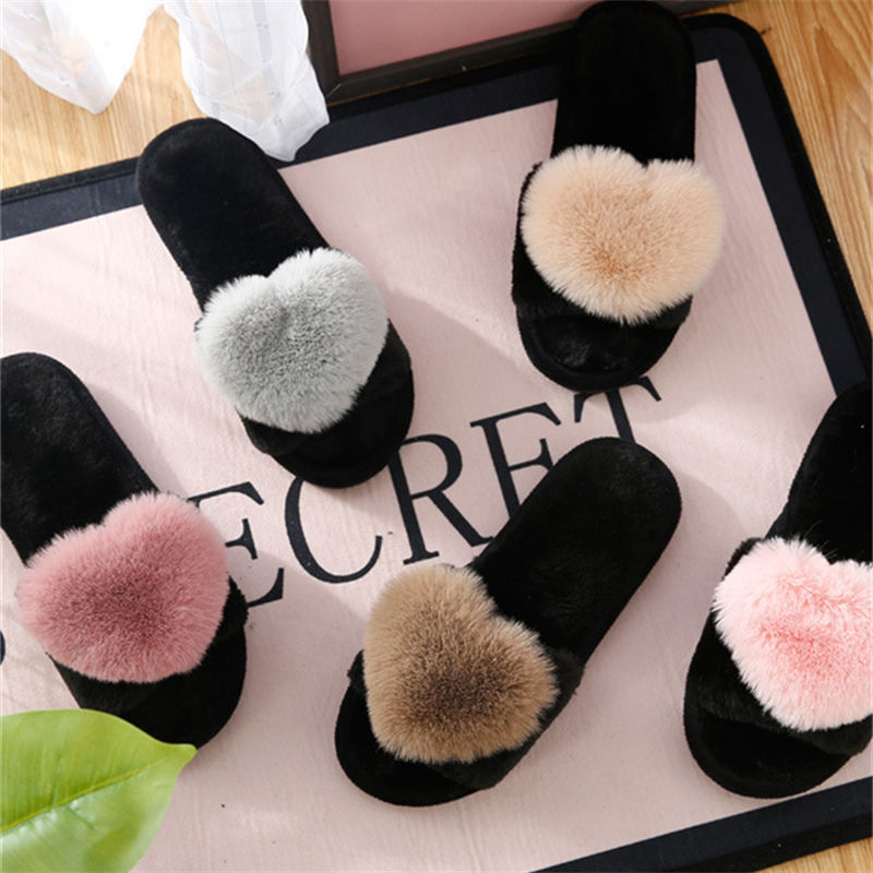 Women Shoes Winter - crriflz レディース プラッシュ ハート スリッパ 暖かい室内用コットン
