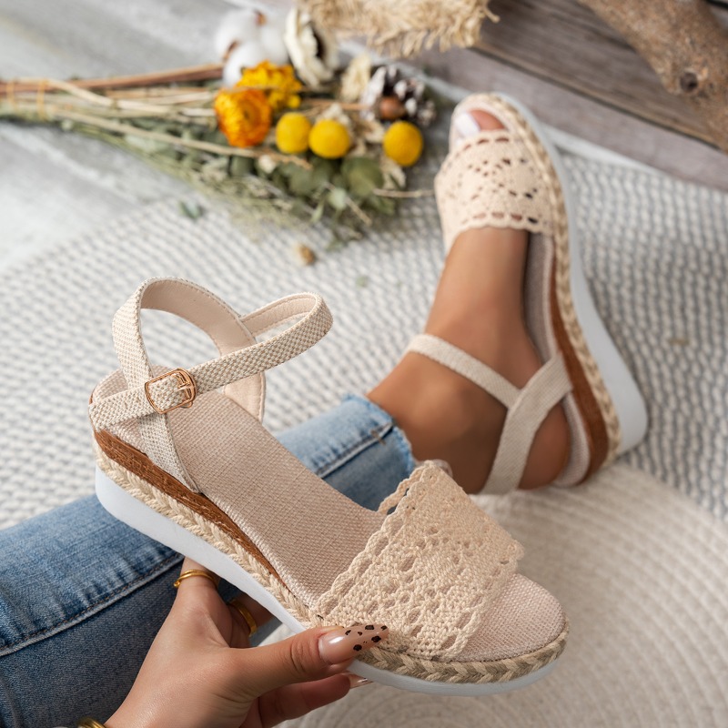 Espadrille Wedge Shoes - 女性用レースウェッジサンダル、エスパドリーユプラットフォーム、オープントゥ、アンクルストラップ、夏用カジュアルシューズ、快適なアウトドアビーチウォーキング、ドレスアップにも使える