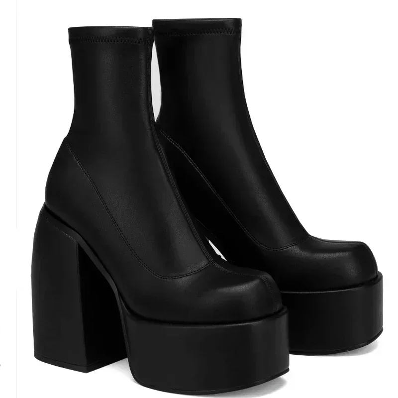 Women'S Shoes Navy Blue - デザイナーアンクルブーツ女性のためのブランドの女性のヒールプラットフォーム分厚いブルーカウボーイブーツ固体 PU 女性の靴新しいセクシーな 10 センチメートルハイヒール