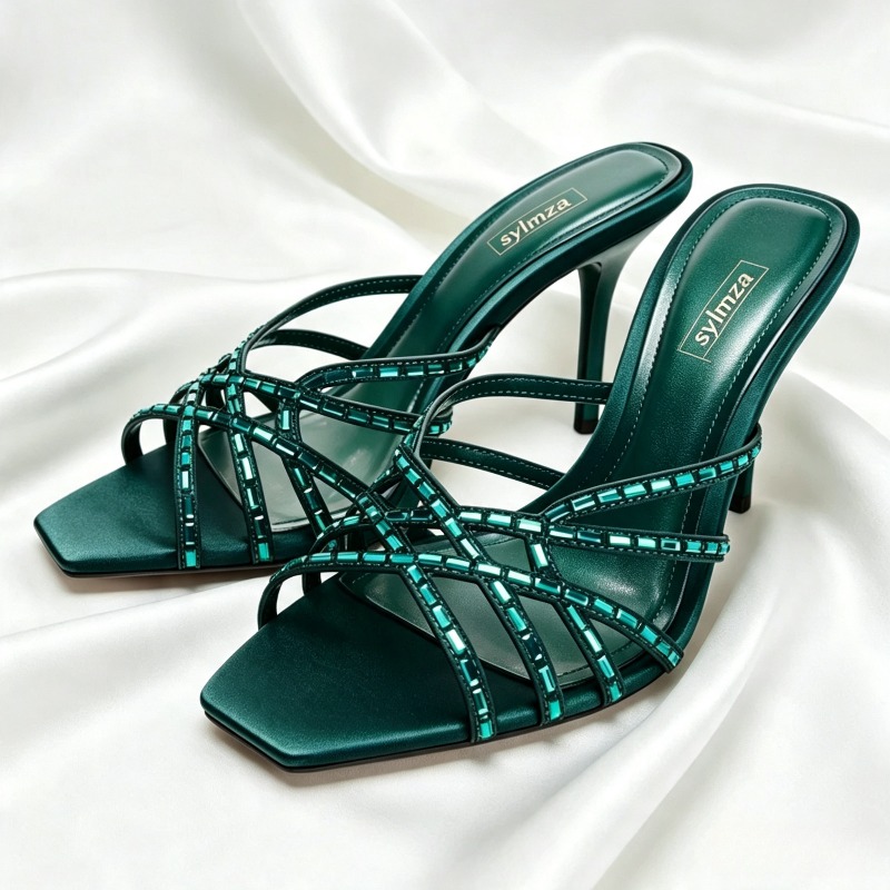 Women'S Shoes Navy Blue - ユニークなピーコックブルーのクリスタルディテールヒールサンダル女性ファッションクロスストラップスクエアトゥスライドサンダル高級ブランドデザイナーシューズ