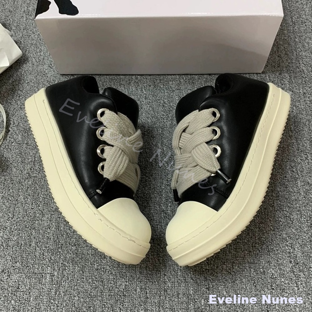 Women'S Shoes Y2K - ユニセックス ブラックレザー プラットフォームスニーカー ホワイトトゥキャップ 幅広太い靴紐 ロートップシューズ