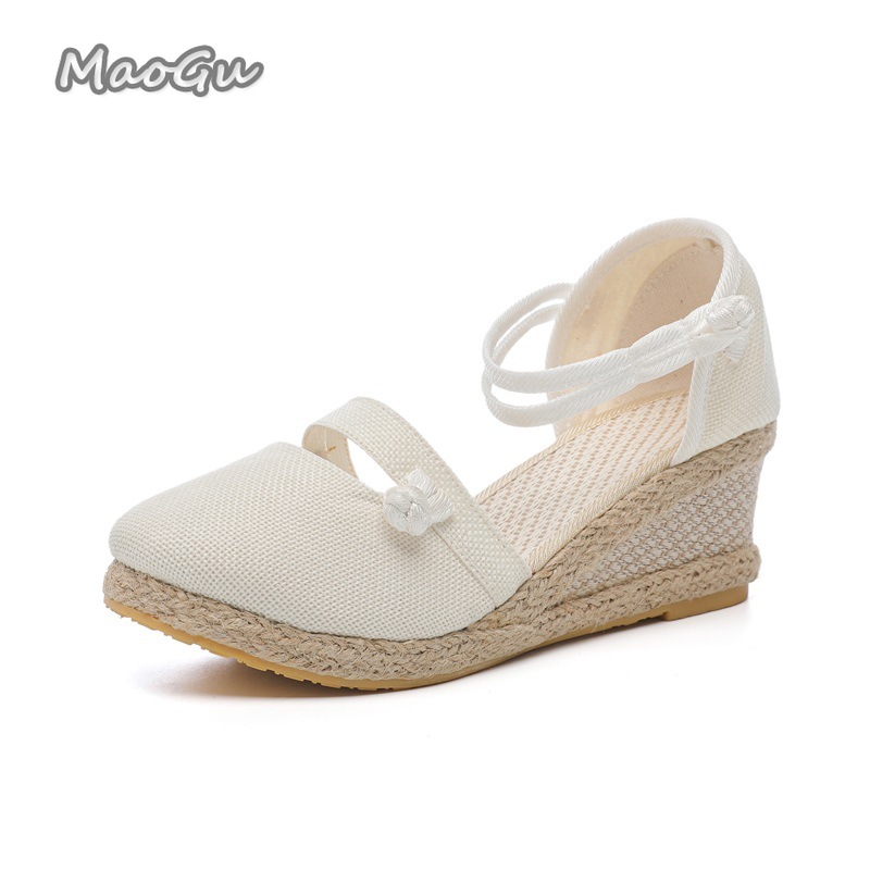 Espadrille Wedge Shoes - 女性のリネンエスパドリーユウェッジサンダルラウンドトゥアンクルストラップカバートゥ軽量サマーシューズ休暇用女性カジュアルシューズ