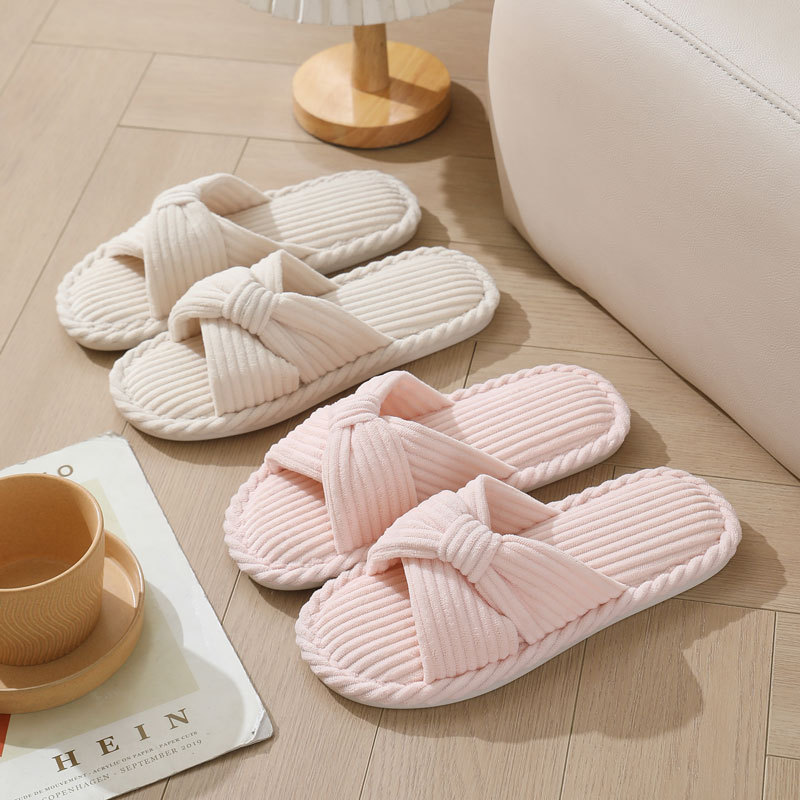Women Shoes Winter - コーデュロイクロスストラップホームスリッパ女性のためのオープントゥノンスリップ綿屋内靴女性軽量快適寝室スリッパ