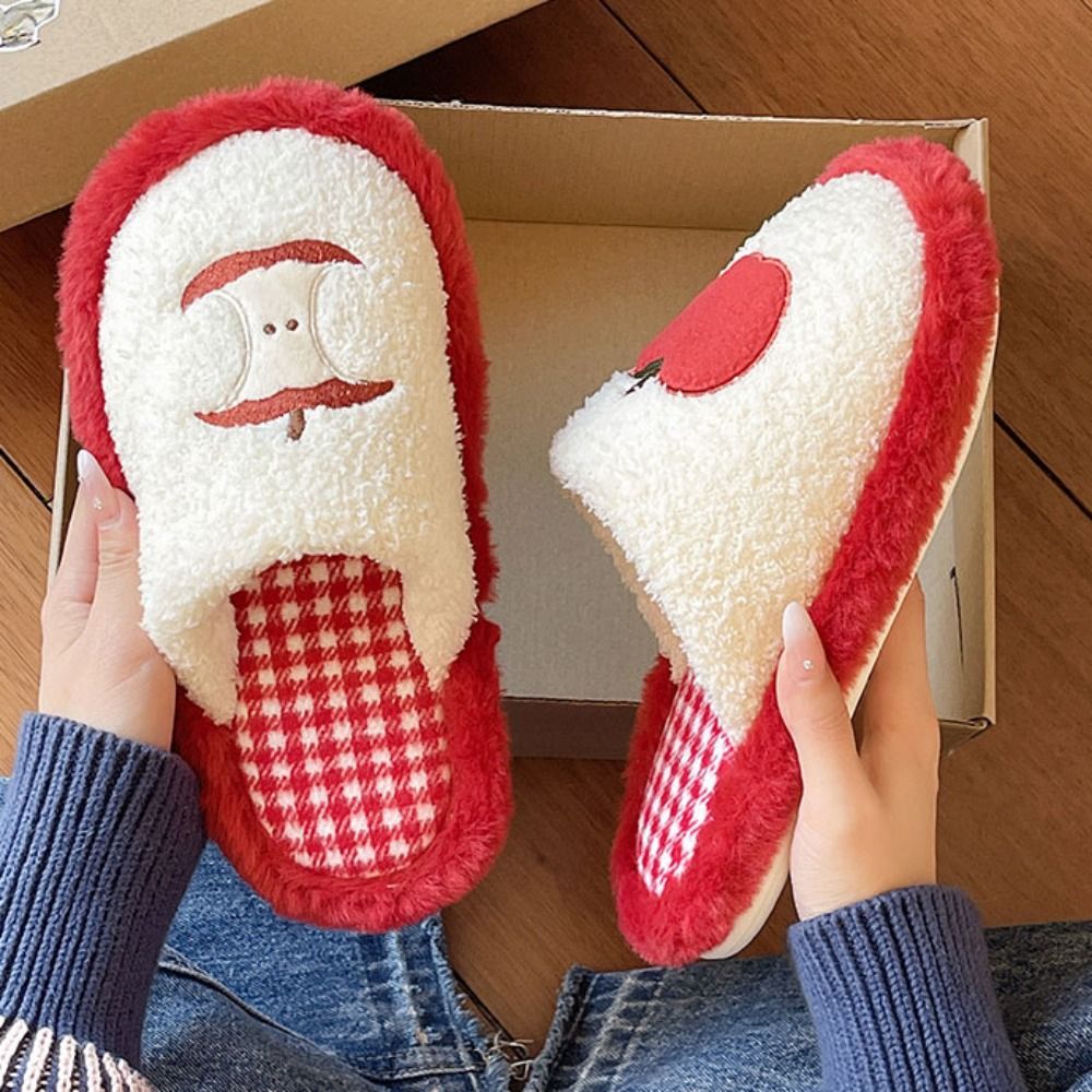 Women Shoes Winter - ファッショングリッドストライプキュートスリッパ滑り止めソフトウィンタースライド女性用サイレントカジュアルフルーツスリッパ男性用