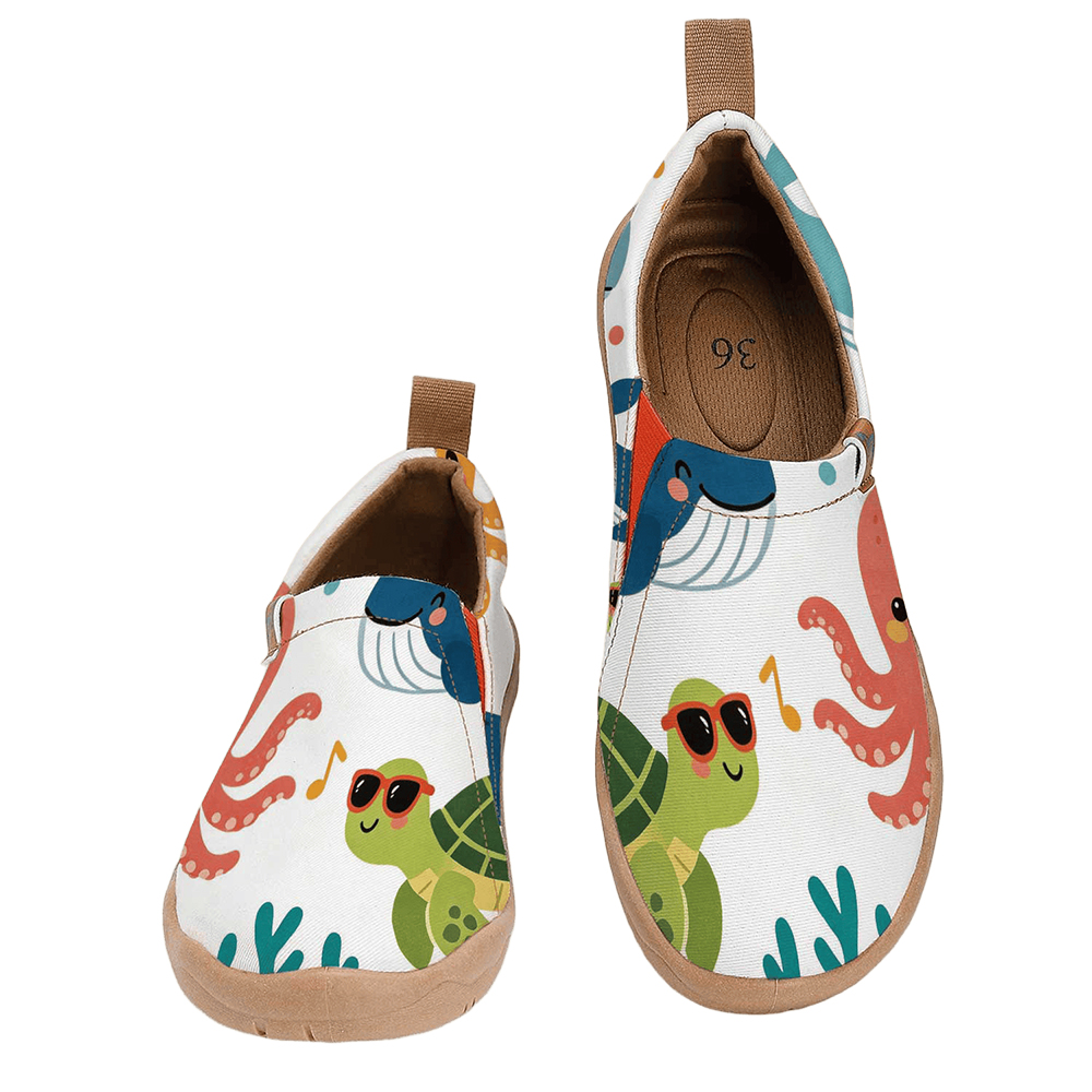 Women'S Shoes With Wide Toe Box - 女性用ワイドトゥボックス楽しい漫画海の動物プリントスリッポンシューズ、ソフトソール通気性のあるキャンバスカジュアルウォーキングフラットシューズ