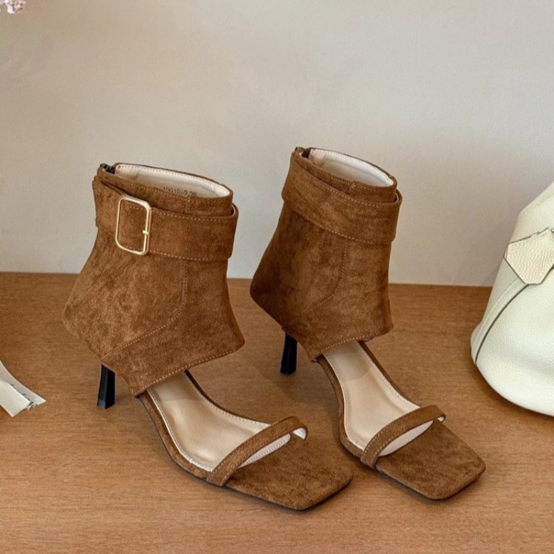Women Shoes Boots - レトロ夏新作スクエアトゥオープントゥハイヒールコールドブーツレディースメタルバックル滑り止め耐摩耗性スティレットシューズ