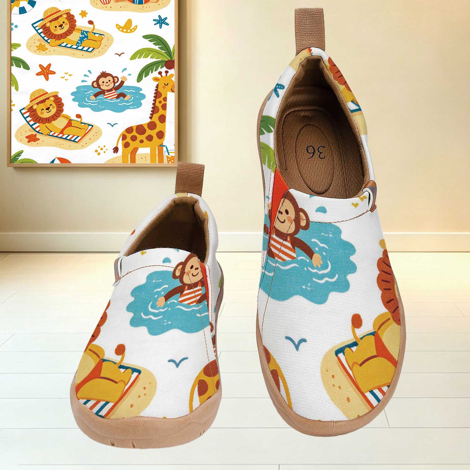 Women'S Shoes With Wide Toe Box - 女性用ワイドトゥボックスサマービーチカートゥーンアニマルプリントスリッポンシューズ、ソフトソール通気性のあるキャンバスカジュアルウォーキングフラットシューズ