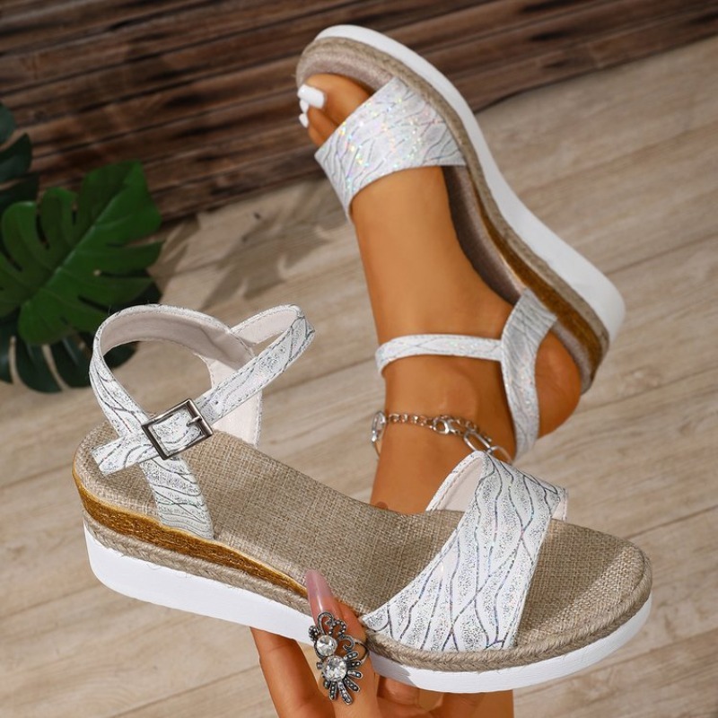 Espadrille Wedge Shoes - レディース ウェッジサンダル ホワイト プラットフォームヒール アンクルストラップ シマーフィニッシュ