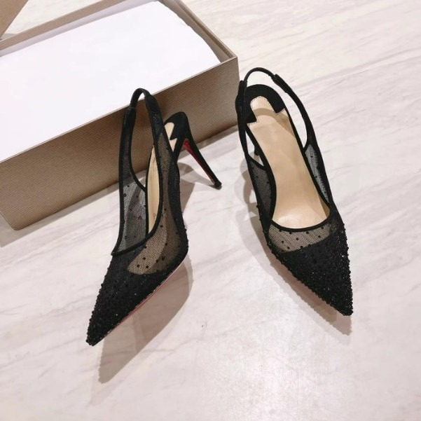 メッシュラインストーン付きリアオープンスティレットヒールレデ - Platform Mule Heel のレビューと価格