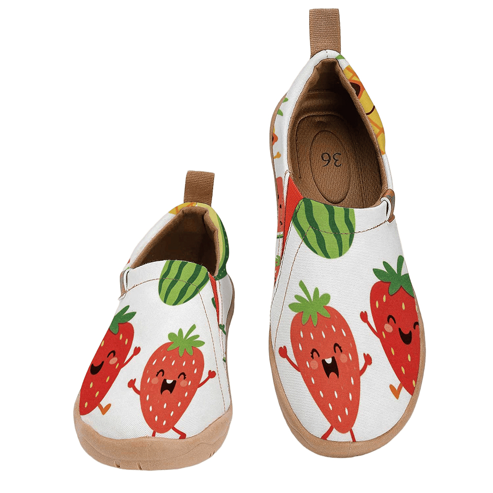 女性用ワイドトゥボックスかわいい漫画フルーツプリントスリッポ - Women'S Shoes With Wide Toe Box のレビューと価格