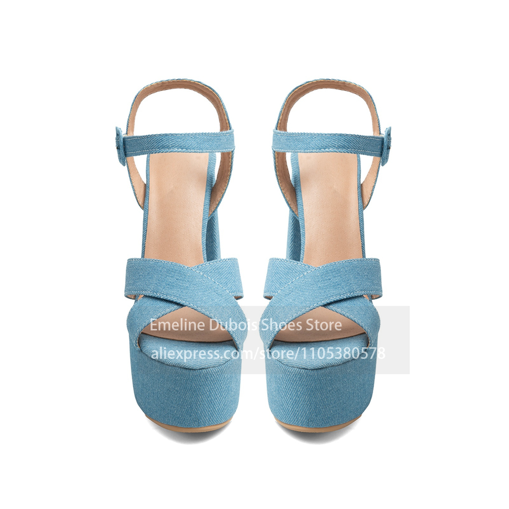 ブルーデニムクロスストラッププラットフォームブロックヒールサ - Women'S Shoes Y2K のレビューと価格