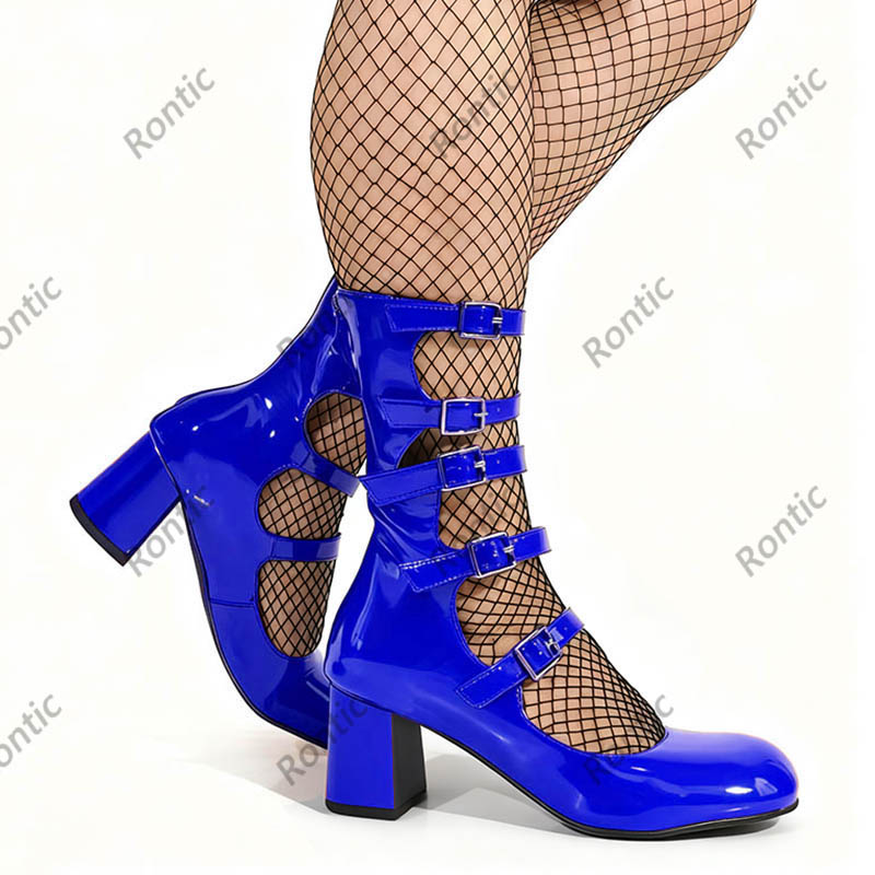 ブルーパテントレザーゴシックブーツ - バックルストラップ付 - Women'S Shoes Navy Blue のレビューと価格