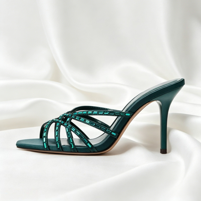 ユニークなピーコックブルーのクリスタルディテールヒールサンダ - Women'S Shoes Navy Blue のレビューと価格