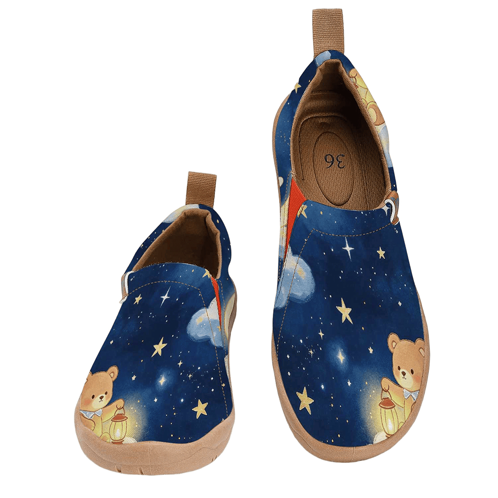 女性用ワイドトゥボックス星空月クマウサギ漫画プリントスリッポ - Women'S Shoes With Wide Toe Box のレビューと価格