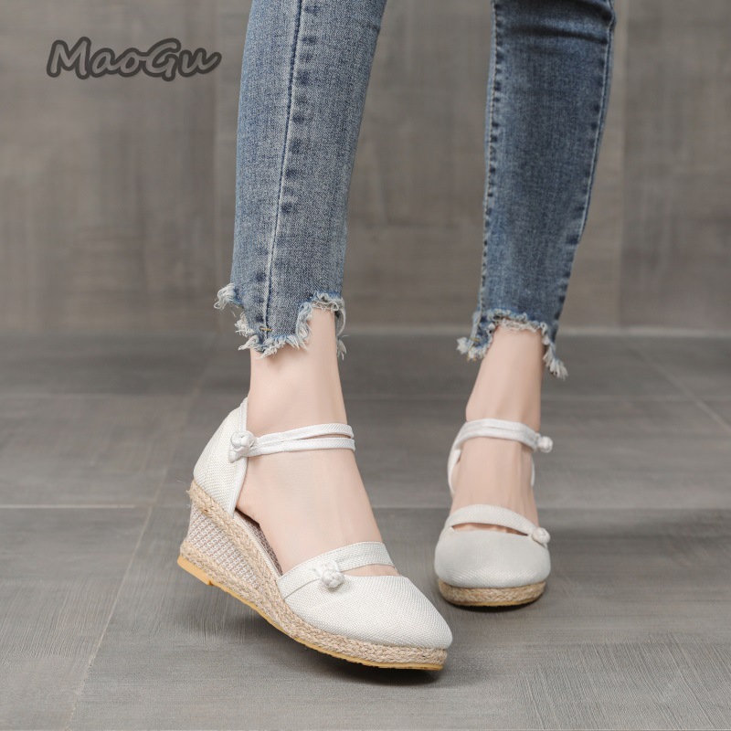 女性のリネンエスパドリーユウェッジサンダルラウンドトゥアンク - Espadrille Wedge Shoes のレビューと価格