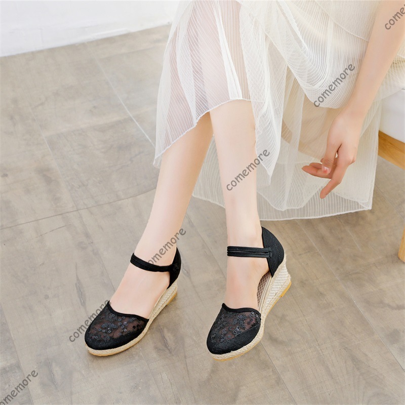 女性のレースメッシュエスパドリーユウェッジサンダルアンクルス - Espadrille Wedge Shoes のレビューと価格