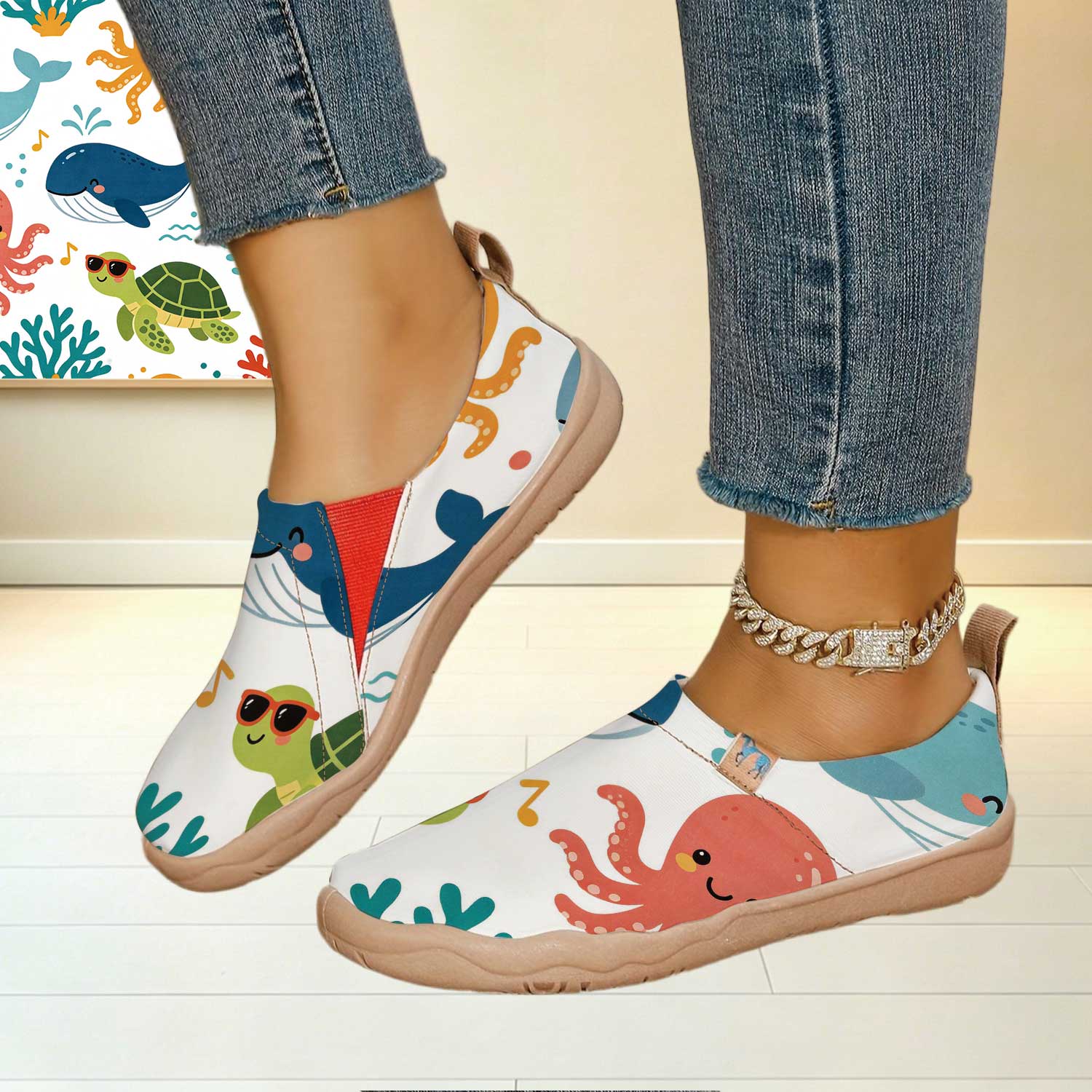 女性用ワイドトゥボックス楽しい漫画海の動物プリントスリッポン - Women'S Shoes With Wide Toe Box のレビューと価格