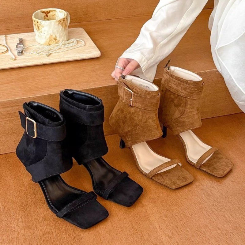 レトロ夏新作スクエアトゥオープントゥハイヒールコールドブーツ - Women Shoes Boots のレビューと価格