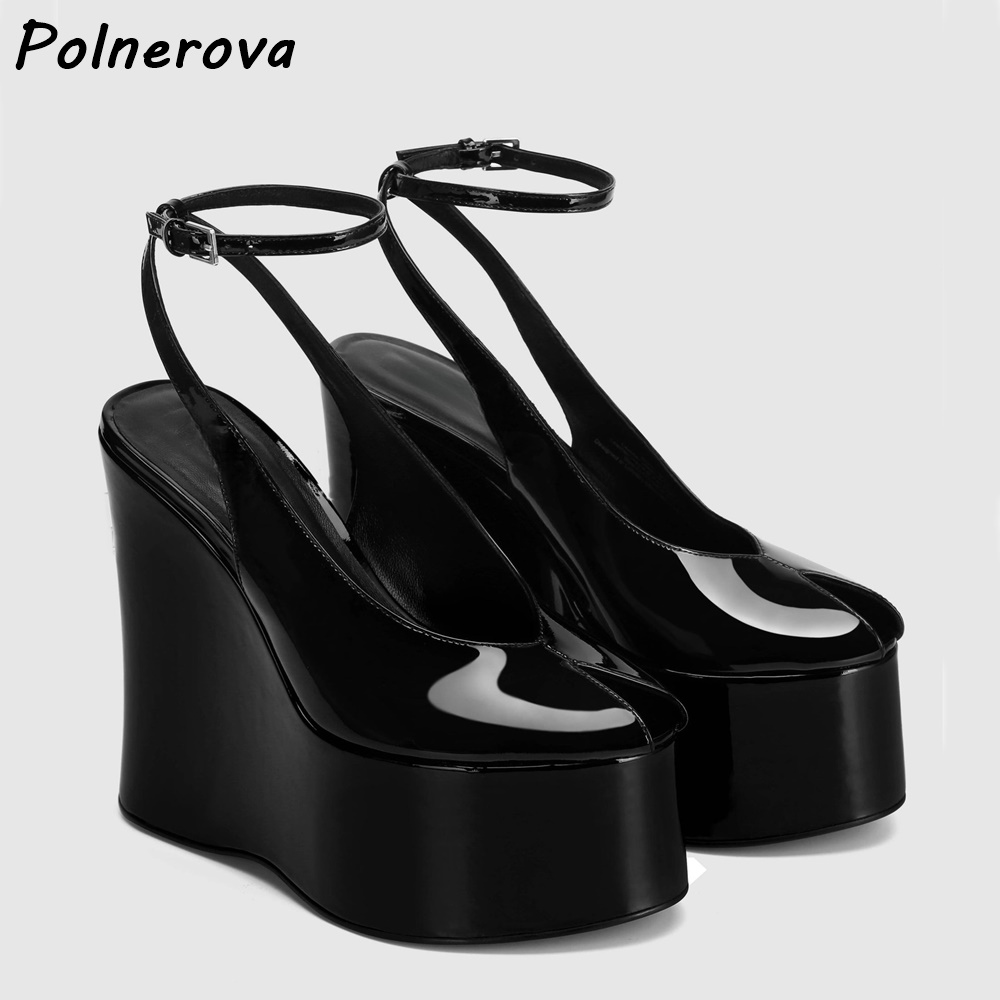 パテントレザーウェッジプラットフォームサンダル、ピープトウ、 - Women'S Shoes Y2K のレビューと価格